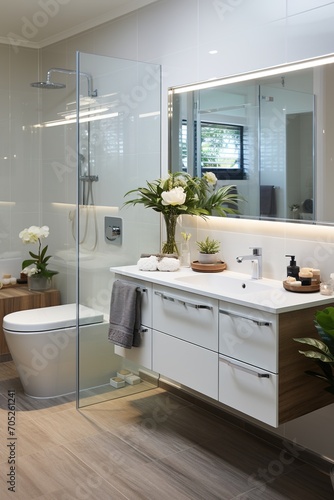 Modern bathroom interior with large shower and vanity