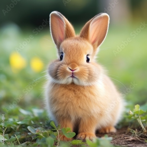 A cute cottontail rabbit in a peaceful garden, its ears perked up.