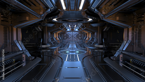 Sci-fi space corridor interior or dark mechanical tunnel with futuristic mechanisms, tubes and doors. 3d rendering