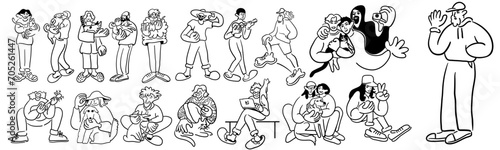 cartoon people doodle style. set of men and women in different poses.print advertising poster template.people in lines