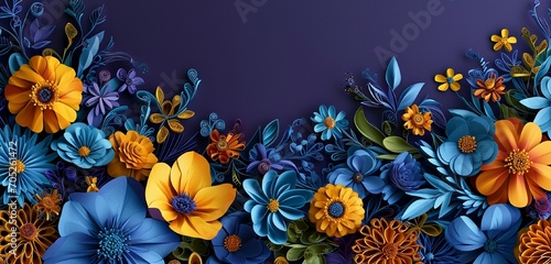 Illustration of small delicate blue, yellow, and orange paper Quilling flowers. Dark Purple background. Solid dark purple border. Photo-realistic.