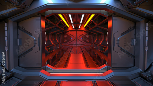 Sci-fi space corridor interior or dark mechanical tunnel with futuristic mechanisms, tubes and doors. 3d rendering