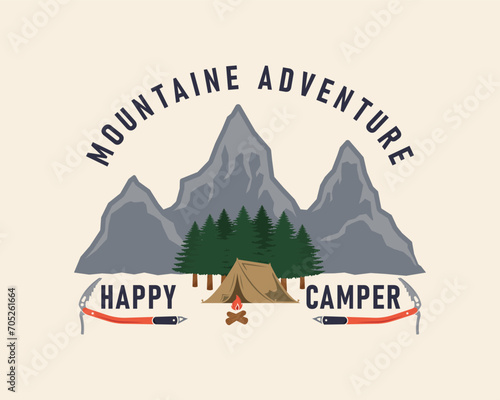 Camping vintage label, logo. Mountaine Adventure, Camping emblem. Camping icons. Greeting card, flyer, poster, tag design. Print for T-shirt. Vector illustration.