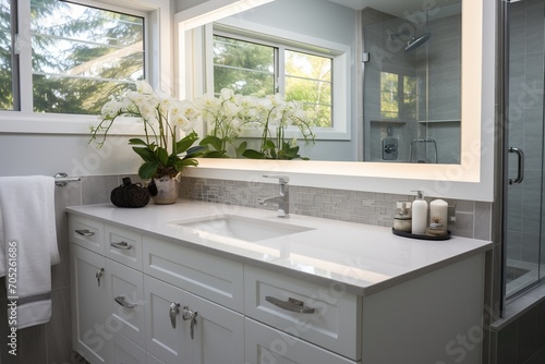 Bright bathroom with white vanity and large mirror