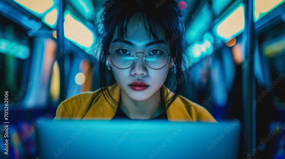 A young Asian woman with a laptop works in the subway. Focused female hacker with modern equipment in the subway. Travel concept, unassigned jobs, freelancer. A young Asian woman with a laptop works in the subway. Focused female hacker with modern equipment in the subway. Travel concept, unassigned jobs, freelancer.