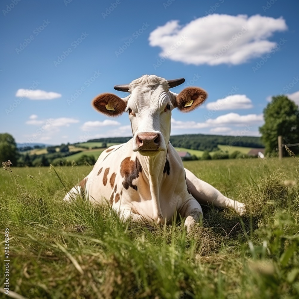 Holstein cow lying in a lush green field Holstein cow lying in a lush green field