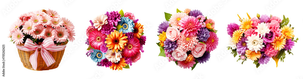 Collection of flower bouquets, flowers in a wicker basket. Flower arrangement or bouquet colorful spring flowers Isolated cutout on transparent background