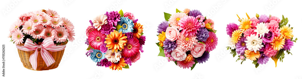 Collection of flower bouquets, flowers in a wicker basket. Flower arrangement or bouquet colorful spring flowers Isolated cutout on transparent background Collection of flower bouquets, flowers in a wicker basket. Flower arrangement or bouquet colorful spring flowers Isolated cutout on transparent background