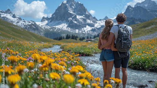 Couple in love on the alpine meadow with blooming flowers.