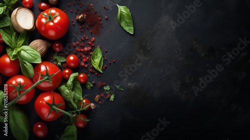 A concept for a food background with various fresh ingredients that can be used to cook italian food. view from above with a space for copying.