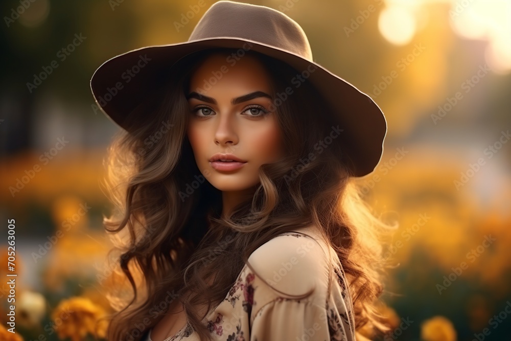 young and pretty woman with a very elegant hat posing in front of the camera young and pretty woman with a very elegant hat posing in front of the camera