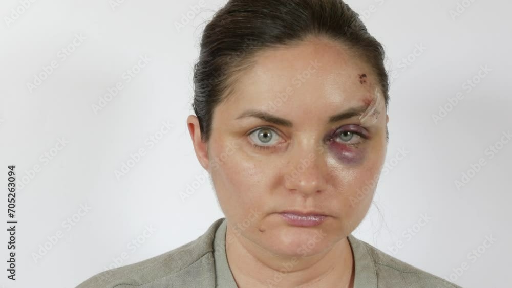 Large real bruise hematoma under the eye of a young woman, fresh purple bruise and scratches on the forehead from a blow. terrified face of domestic violence victim close-up white background. Large real bruise hematoma under the eye of a young woman, fresh purple bruise and scratches on the forehead from a blow. terrified face of domestic violence victim close-up white background.