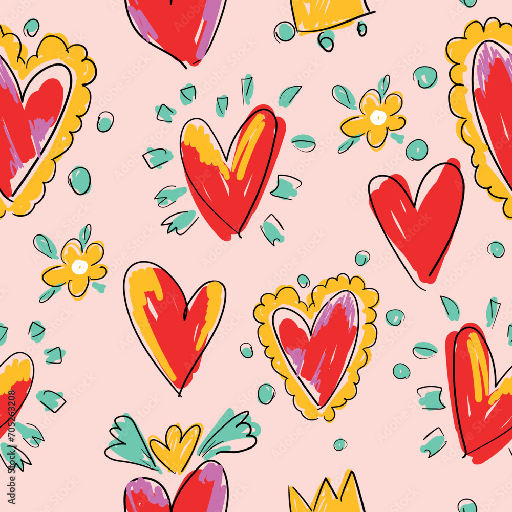 Valentines Day Abstract Hand Drawn Hearts seamless pattern Vector Illustration