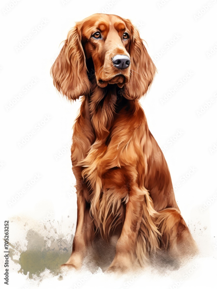 Sitting Irish Setter in Green Field Watercolor Painting AI Generated