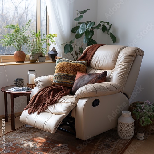 A cozy living room with a comfortable leather recliner