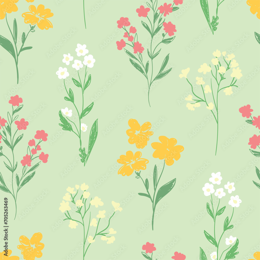 Hand Drawn Ditsy Flowers Sketch background print for textile. The drawn small flowers beautiful illustration for the fabric. Design ornament pattern seamless. Vector Hand Drawn Ditsy Flowers Sketch background print for textile. The drawn small flowers beautiful illustration for the fabric. Design ornament pattern seamless. Vector
