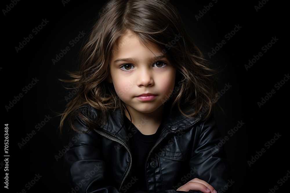 Portrait of a little girl in a black leather jacket on a black background Portrait of a little girl in a black leather jacket on a black background
