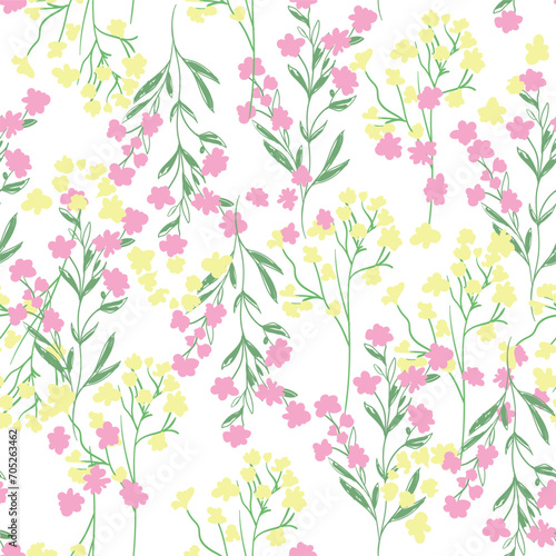 Hand Drawn Ditsy Flowers Sketch background print for textile. The drawn small flowers beautiful illustration for the fabric. Design ornament pattern seamless. Vector