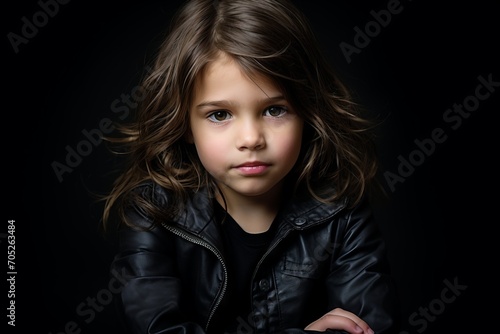 Portrait of a little girl in a black leather jacket on a black background