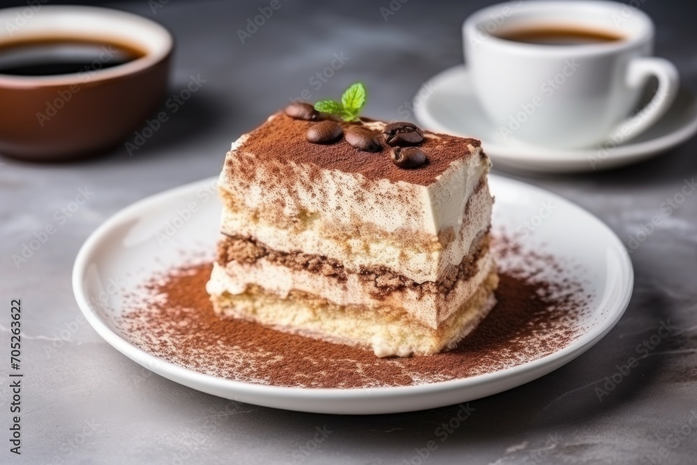 tiramisu on a white plate, cup of coffee. grey background.itallian dessert