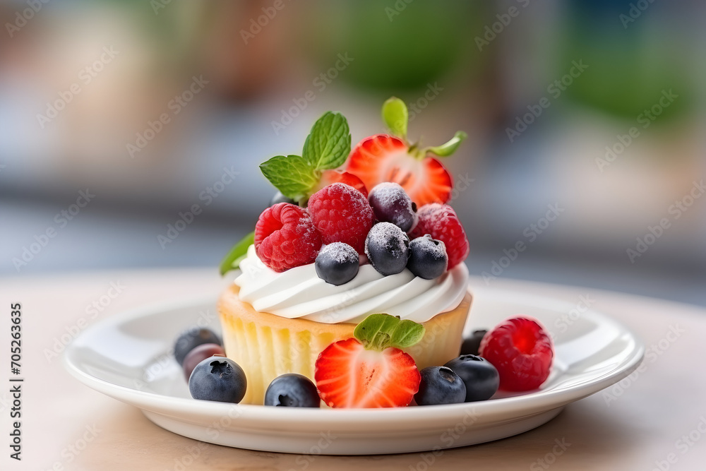 cupcake with cream and berries on a white plate on a soft background cupcake with cream and berries on a white plate on a soft background