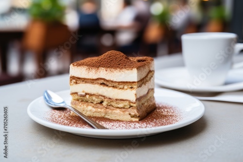 tiramisu on a white plate, cup of coffee. itallian cafe background