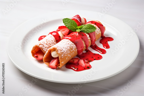 Cannoli with cream, and red berry sauce on a white plate on a white background