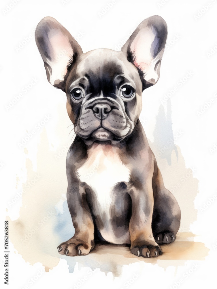 Sitting French Bulldog with Big Ears Watercolor Painting AI Generated