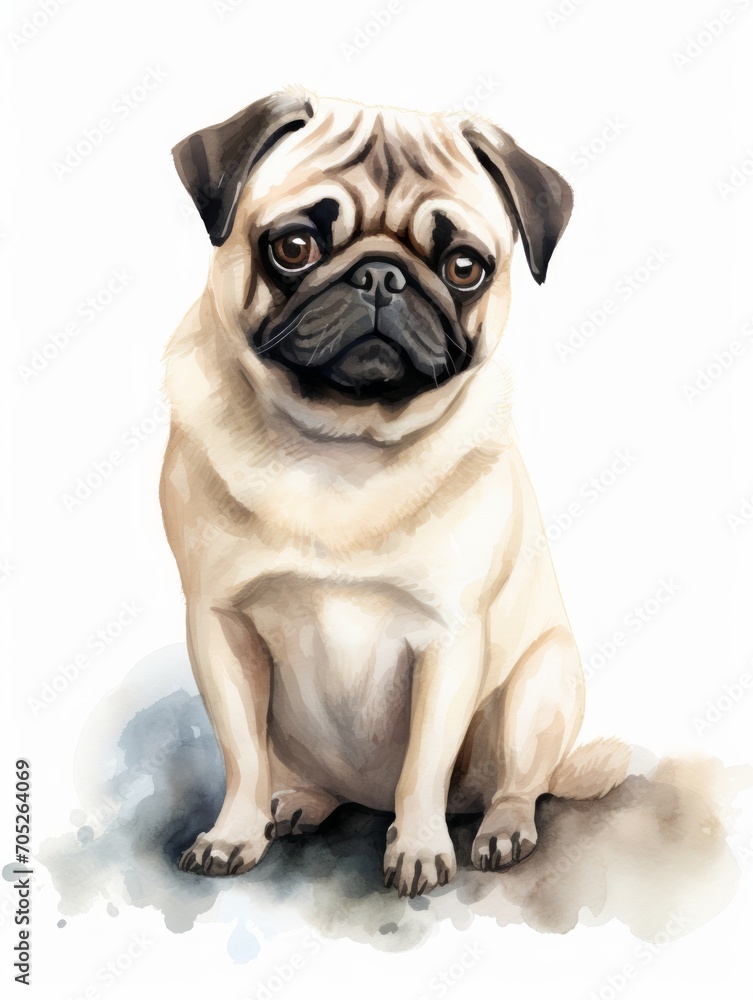 Funny Face Pug Sitting in Watercolor Style on White Background AI Generated