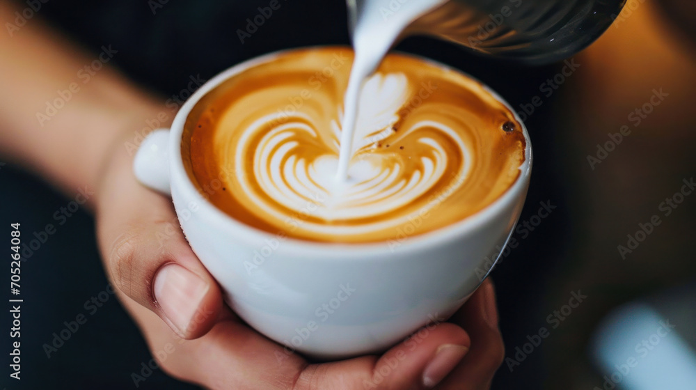 Close-up of a man making latte art in a cup of coffee. Male hands holding a cup of coffee with latte art. Drinks concept. - obrazy, fototapety, plakaty 