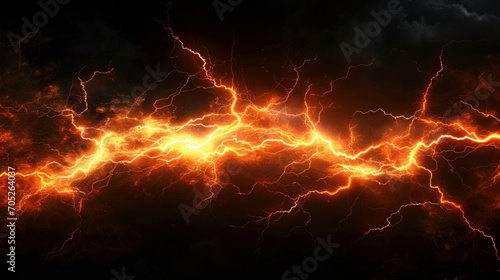 Isolated realistic orange electrical lightning strike 