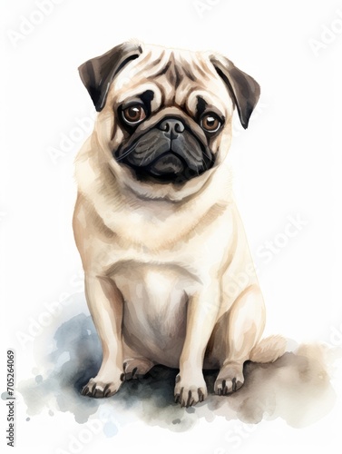 Funny Face Pug Sitting in Watercolor Style on White Background AI Generated © Alex