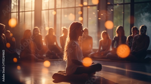 Meditation group in a yoga studio with sunlight photo