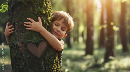Close-up of children's hands hugging a tree with a heart symbol on it. Concept of love for nature, spring. photo