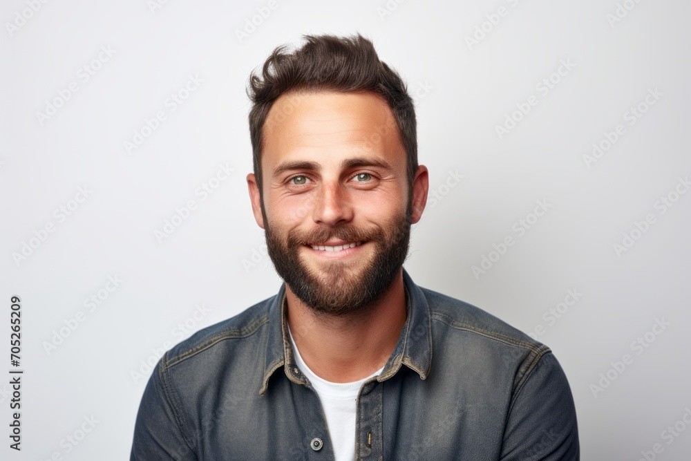 Portrait of a handsome young man looking at camera and smiling while standing against grey background Portrait of a handsome young man looking at camera and smiling while standing against grey background