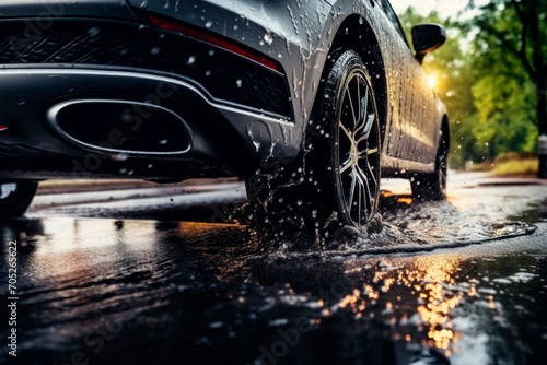 car wheels splashing a puddle