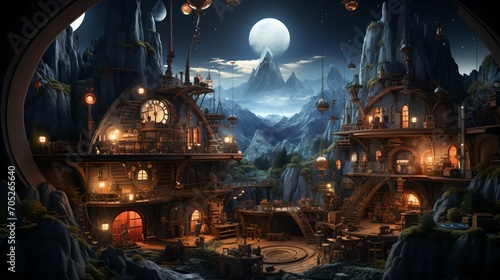 A fantasy world inside a giant steampunk cavern