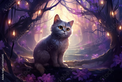 Charming white fluffy cat in mystical garden amid ancient trees and glowing fireflies. Whimsical fairytale design, soft purples and ethereal lighting create magical and enchanting atmosphere