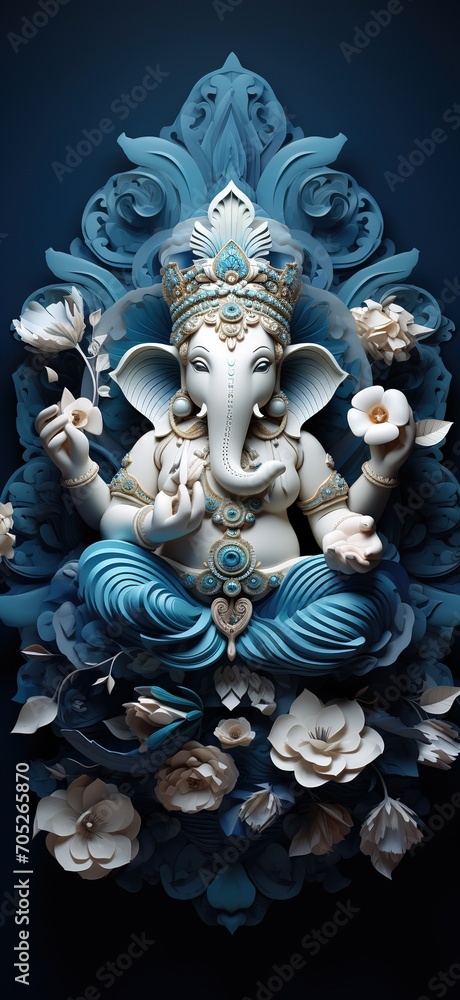 Blue and white 3D illustration of the Hindu god Ganesha sitting on a lotus flower