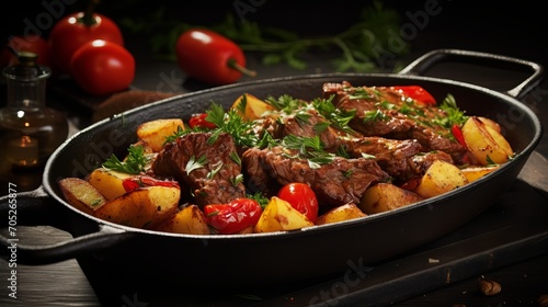 Meat that has been fried with potatoes and tomatoes.