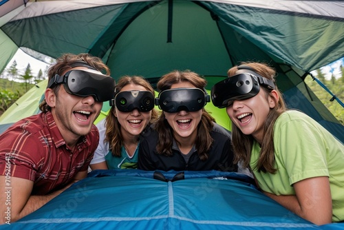 A virtual family trip camping outdoors in a VR environment having fun and laughing like a real vacation photo