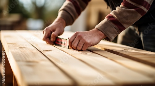 The lumber was measured by a female carpenter