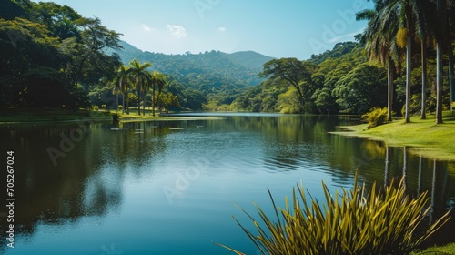 A serene landscape symbolizing mental health, with a tranquil lake reflecting a clear sky, surrounded by lush greenery, embodying peace and mindfulness