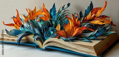 big opened Book in the style of quilling, orange and teal colors