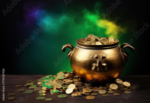 Gold pot full of coins on dark wooden background. Magic stuff. St. Patrick's day holiday symbol. Template for design card, invitation, banner