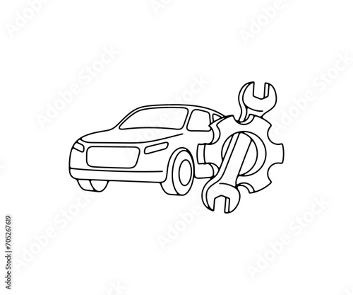 Auto repair shop, car, wrench and gear, linear graphic design. Automobile, automotive, mechanic, transport and transportation, vector design and illustration