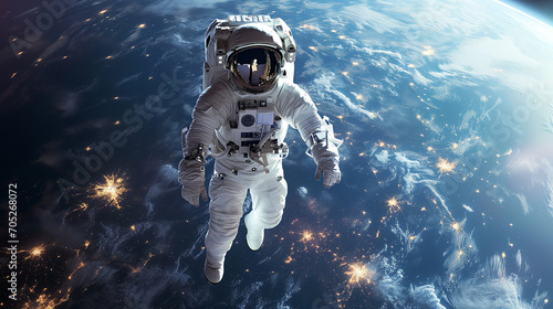 Intrepid spaceman in spacesuit becomes solitary figure in the boundless realm of space against Earth