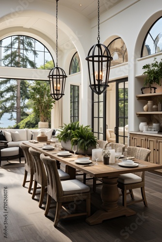 Elegant Coastal Dining Room With Large Windows