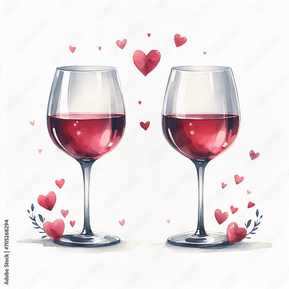 Two glasses of red wine and hearts between them. Watercolor illustration for Valentine's Day, Wedding, Marriage, Romantic evening. Isolated on white background. Romantic hand-drawn greeting card Two glasses of red wine and hearts between them. Watercolor illustration for Valentine's Day, Wedding, Marriage, Romantic evening. Isolated on white background. Romantic hand-drawn greeting card