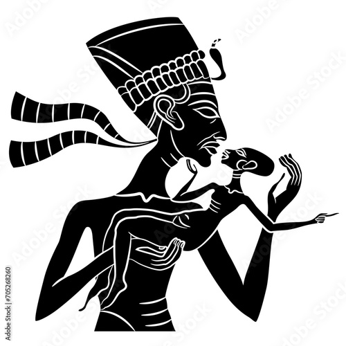Ancient Egyptian pharaoh Akhenaton or queen Nefertiti holding and kissing a baby. Relief from Amarna. Black and white silhouette. Isolated vector illustration.